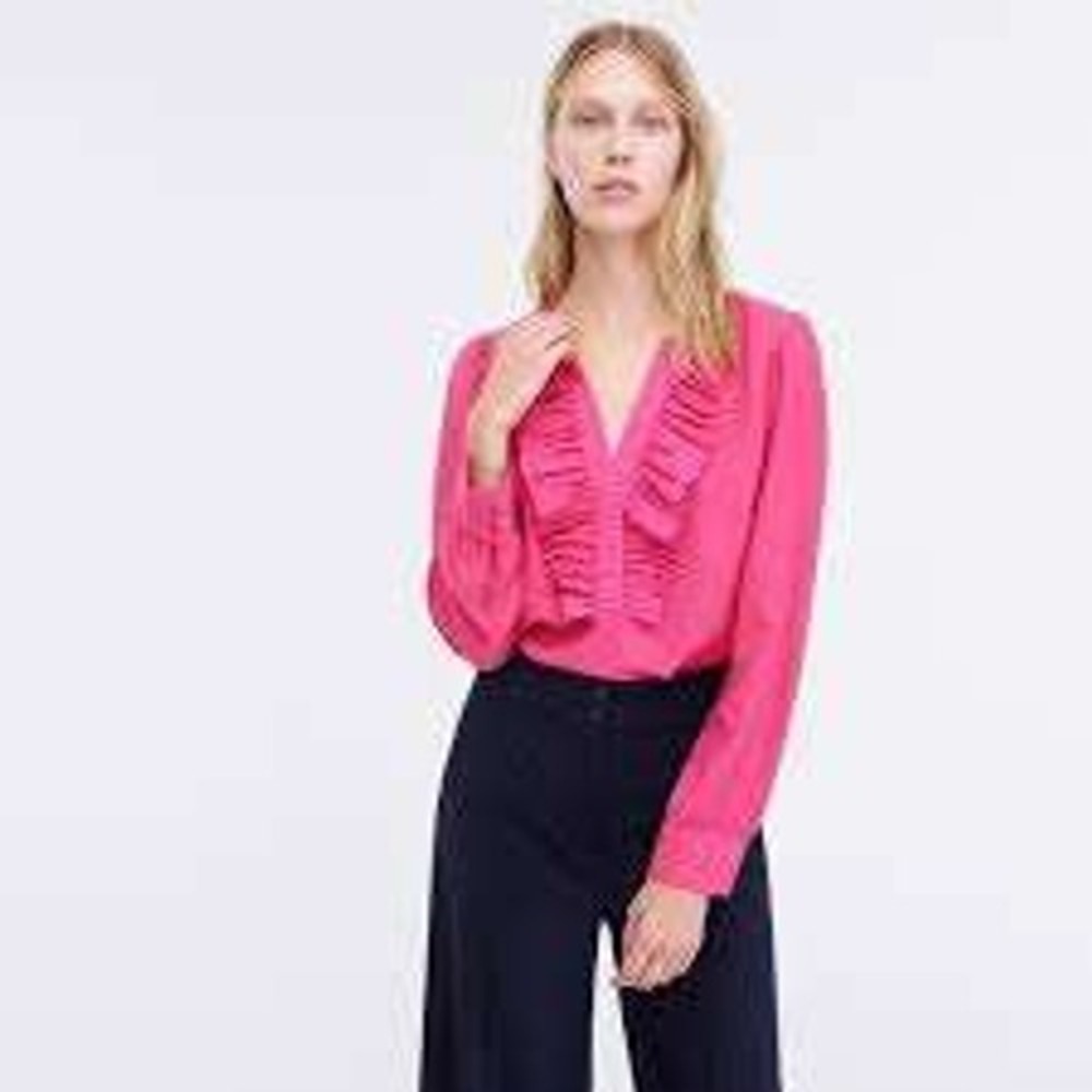 J. Crew Women's Pink Ruffle Front‎ Long Sleeve V Neck Blouse Shirt Top - Size S